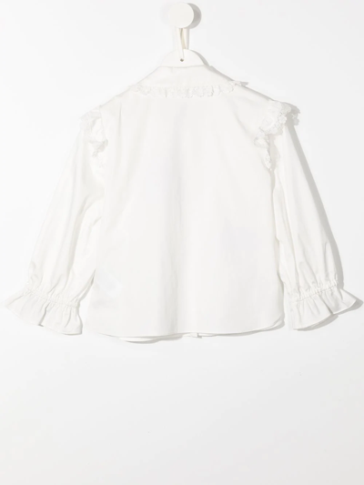 Shop Self-portrait Lace-trimmed Long-sleeve Shirt In White