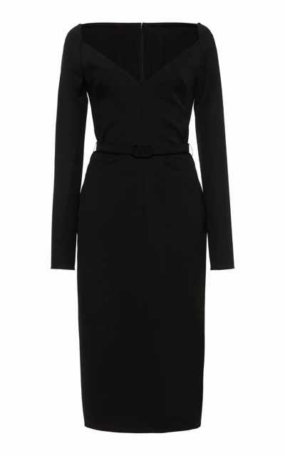 Shop Valentino Women's Plunge-neck Wool-blend Midi Dress In Black