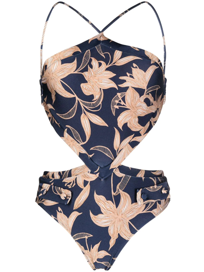 Shop Patbo Floral-print Cut-out Swimsuit In Blau
