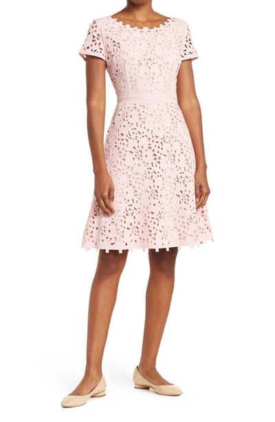 Shop Focus By Shani Laser Cutout Short Sleeve Dress In Pale Pink/ Nude