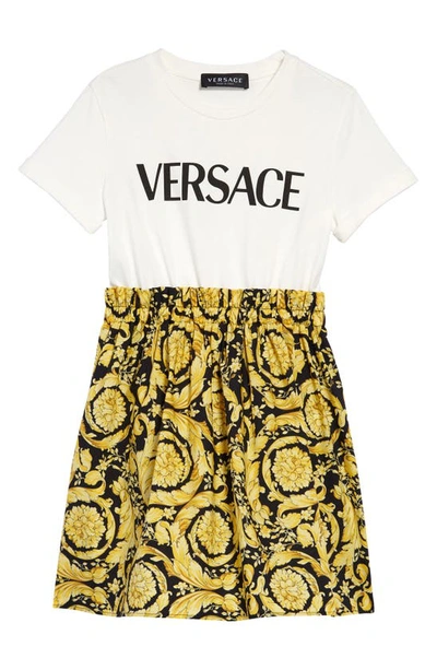 Shop Versace Mixed Media Cotton Dress In 6w010 Bianco Nero Oro