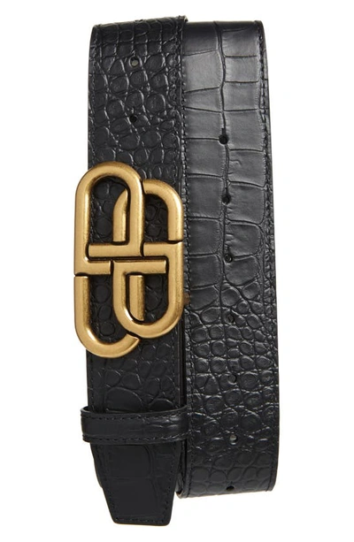 Shop Balenciaga Bb Extra Large Croc Embossed Leather Belt In Black
