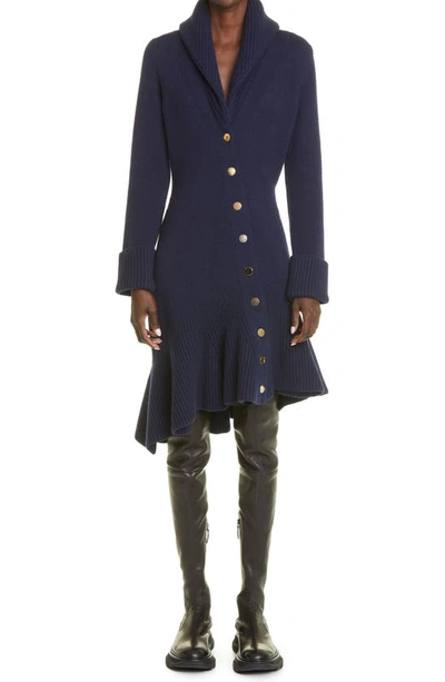 Shop Alexander Mcqueen Shawl Collar Wool Cardigan Dress In Navy/ Gold