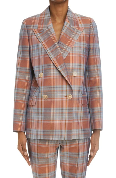 Shop Acne Studios Janny Plaid Double Breasted Suit Jacket In Burgundy/ Aqua