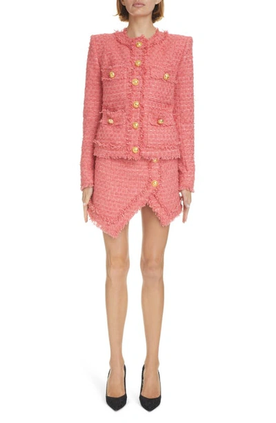 Shop Balmain Cotton Blend Tweed Asymmetric Miniskirt In Rose Saumon