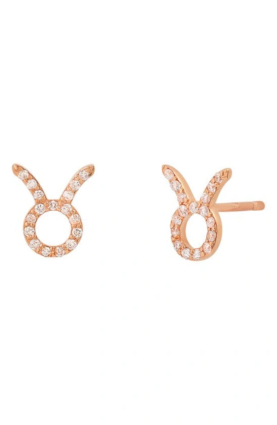 Shop Bychari Zodiac Diamond Stud Earrings In 14k Rose Gold - Taurus