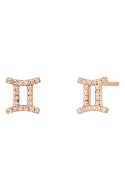 Shop Bychari Zodiac Diamond Stud Earrings In 14k Rose Gold - Gemini