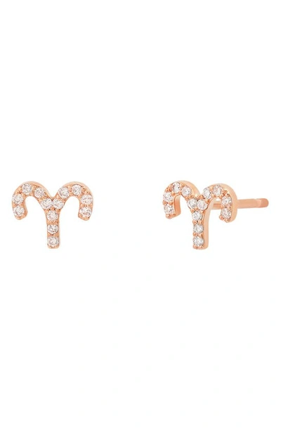 Shop Bychari Zodiac Diamond Stud Earrings In 14k Rose Gold - Aries