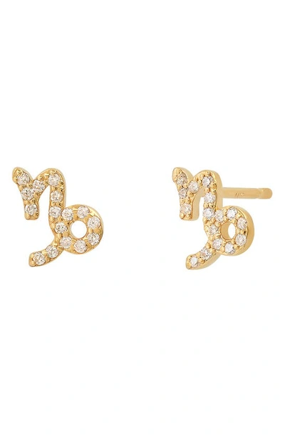 Shop Bychari Zodiac Diamond Stud Earrings In 14k Yellow Gold - Capricorn