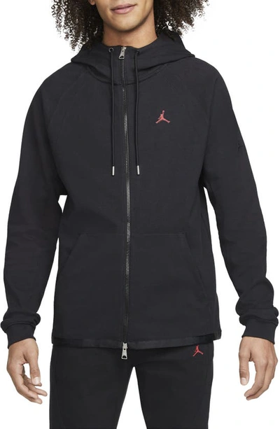 Shop Jordan Essentials Knit Hooded Warmup Jacket In Black/ Gym Red