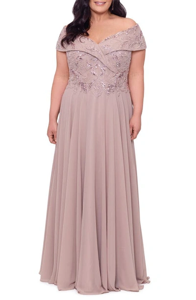 Shop Xscape Beaded Chiffon Off The Shoulder Gown In Taupe
