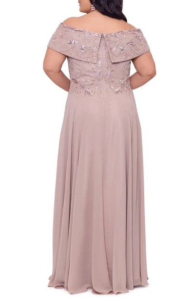 Shop Xscape Beaded Chiffon Off The Shoulder Gown In Taupe