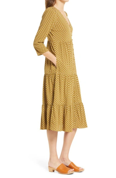 Shop Madewell Daisies Forever V-neck Tiered Button Front Midi Dress In Spiced Olive