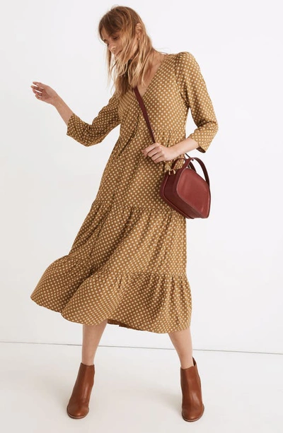 Shop Madewell Daisies Forever V-neck Tiered Button Front Midi Dress In Spiced Olive