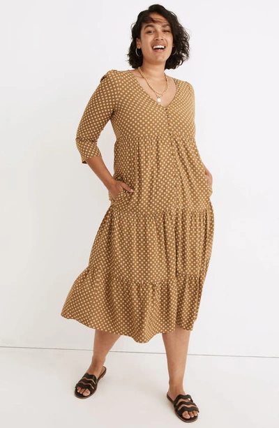 Shop Madewell Daisies Forever V-neck Tiered Button Front Midi Dress In Spiced Olive