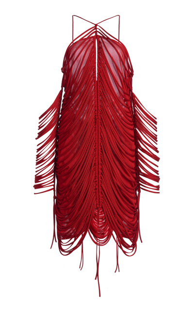 Shop Bottega Veneta Draped Fringe Mini Halter Dress In Red