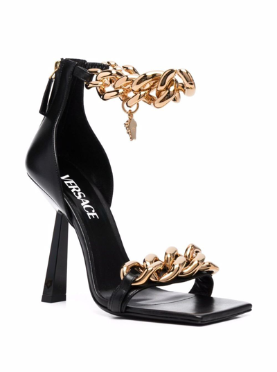 Shop Versace Chain Calf Leather Heeled Sandals In Black