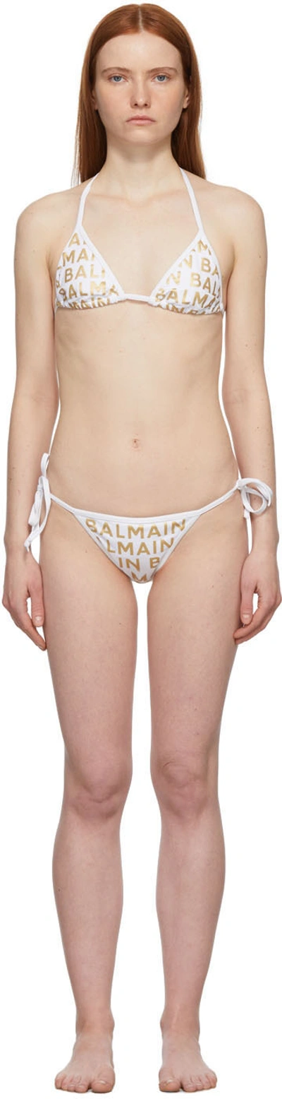 Shop Balmain White & Gold Monogram Triangle Bikini In 116 White/ Gold