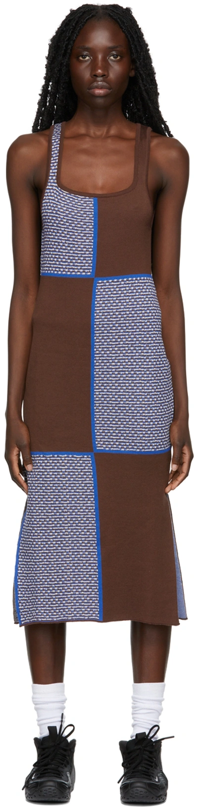 Shop Ahluwalia Brown & Blue Checkerboard Dress In Brown/blue/beige