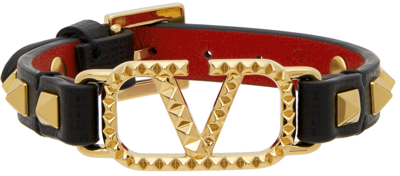 Shop Valentino Black Rockstud Alcove Bracelet In 0sm Nero/rouge Pur