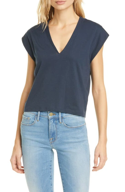 Shop Frame Le High Rise V-neck Organic Pima Cotton T-shirt In Navy