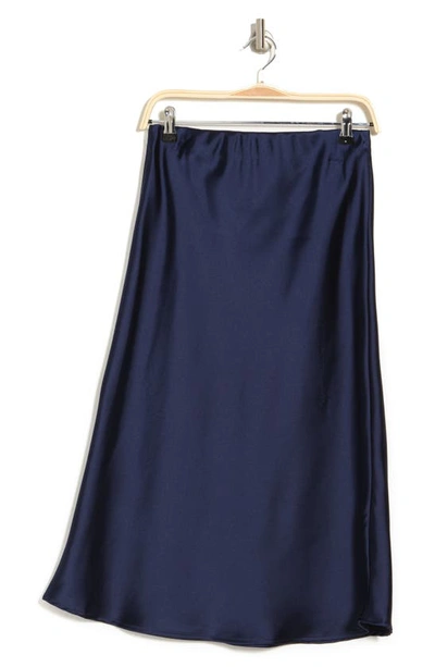 Shop Renee C Solid Satin Midi Skirt In Navy