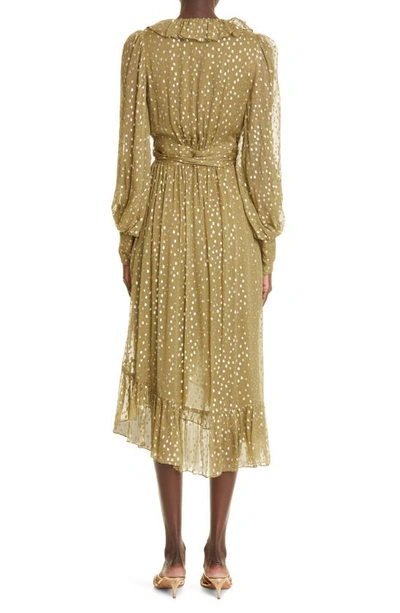 Shop Zimmermann Ruffle Long Sleeve Silk Blend Fil Coupé Wrap Dress In Khaki