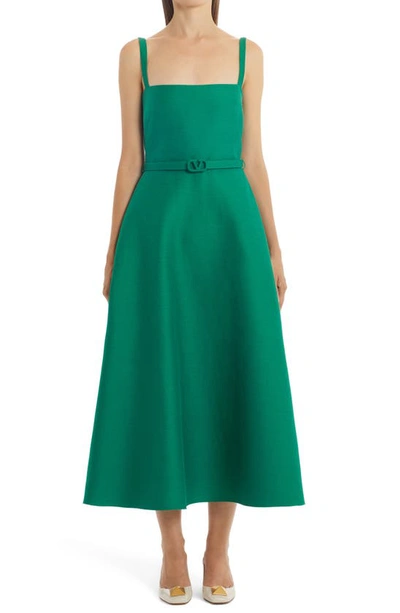 Shop Valentino Vlogo Belted Cotton & Silk Crepe Couture A-line Midi Dress In Antic Green Fb0