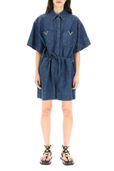 Shop Valentino Short Jumpsuit In Chambray Denim In Blue