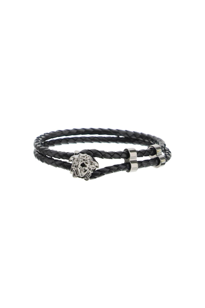 Versace Medusa Logo Double Wire Leather Bracelet In Black | ModeSens