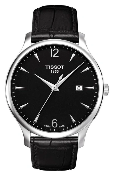 Shop Tissot Tradition Leather Strap Watch, 42mm In Black/ Silver
