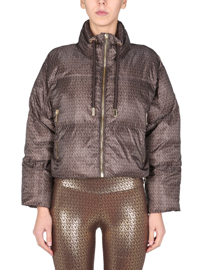 Shop Michael Michael Kors Monogram Drawstring Cropped Jacket In Brown