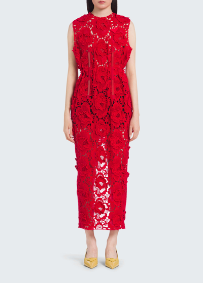 Shop Prada Rose-embroidered Lace Maxi Dress In F0011 Rosso