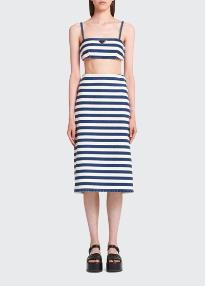 Shop Prada Striped Denim Straight Midi Skirt In F0008 Bleu