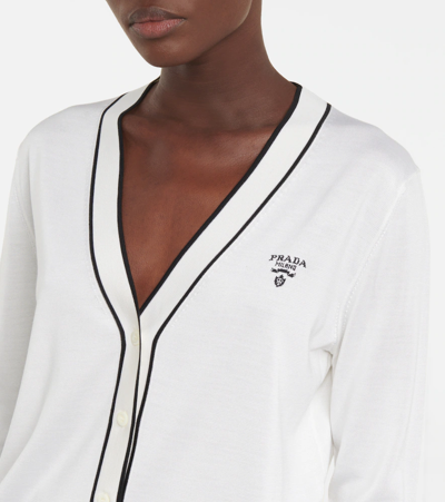 Shop Prada Logo Silk Cardigan In Bianco+nero