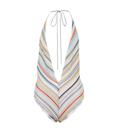 Shop Missoni Striped Halterneck Swimsuit In Mare Bright Multicolor
