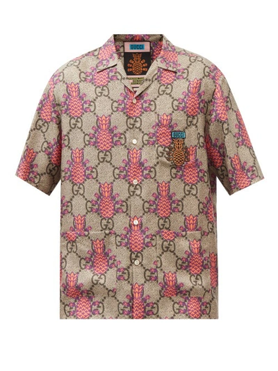 Gucci Camp-collar Logo-appliquéd Printed Silk-twill Shirt In Brown Multi |  ModeSens