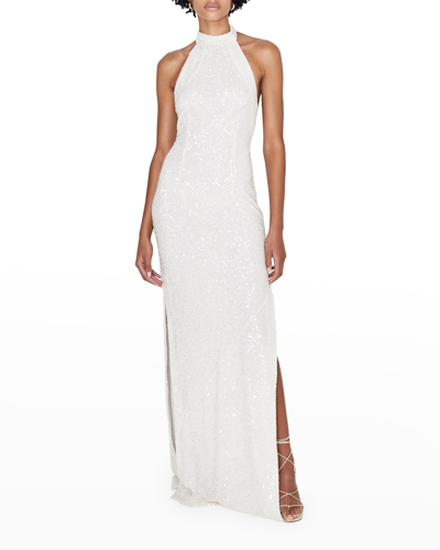 Shop Galvan Salina Sequin Halter Side-slits Gown In White