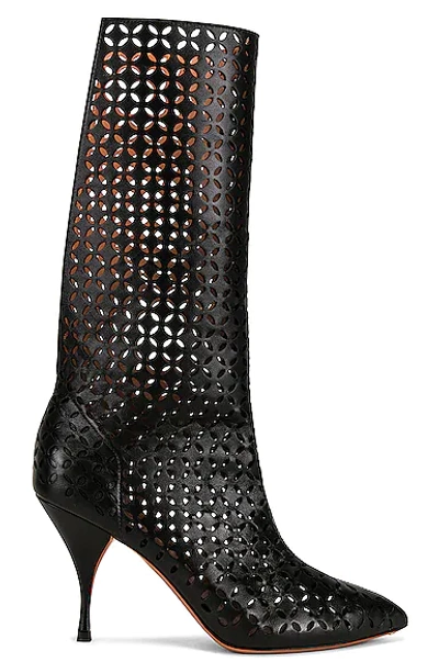 Shop Alaïa Petal Perforated Knee Boots In Noir