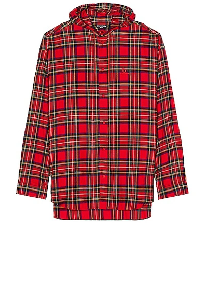 Shop Balenciaga Hooded Flannel Shirt In Red