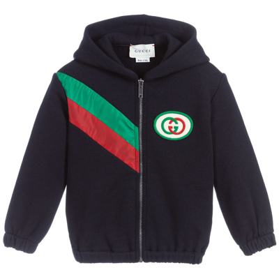 Shop Gucci Blue Cotton Hooded Zip-up Top