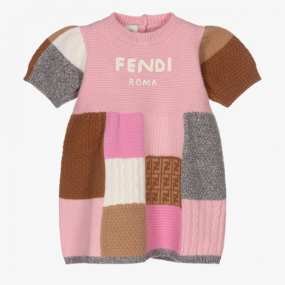 Shop Fendi Girls Pink Patchwork Wool Knit Dress