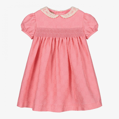 Shop Gucci Girls Pink Cotton & Lace Gg Dress