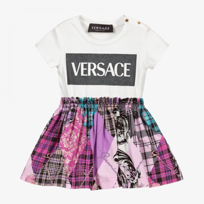 Shop Versace Girls White & Pink Logo Baby Dress