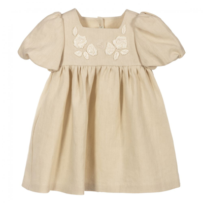 Shop Fendi Baby Girls Linen & Silk Dress In Beige