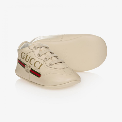 Shop Gucci Ivory Leather Pre-walker Shoes