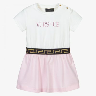 Shop Versace Girls White & Pink Cotton Dress Set