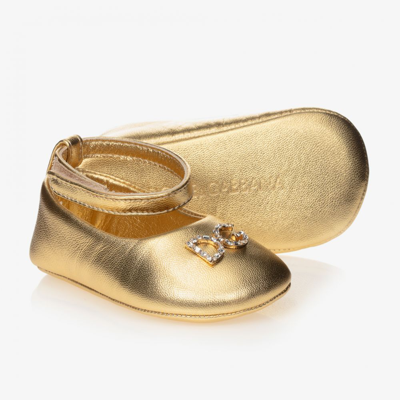 Shop Dolce & Gabbana Girls Gold Leather Pre-walker Shoes