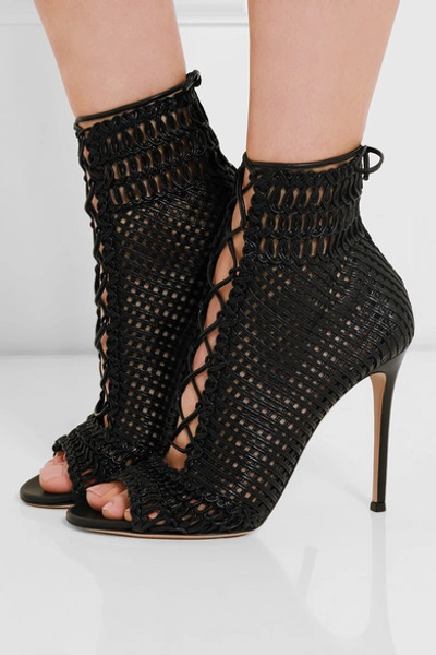 Shop Gianvito Rossi Woven Leather Peep-toe Ankle Boots
