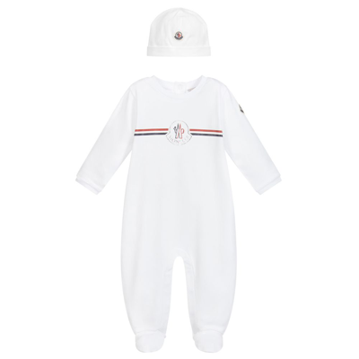Shop Moncler White Cotton Logo Babygrow Set